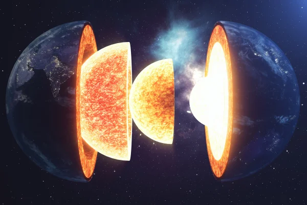 Estrutura do núcleo da Terra. Estrutura das camadas da Terra. Estrutura da crosta terrestre. Seção transversal da Terra em vista espacial. Elementos desta imagem fornecidos pela NASA. Renderização 3D. Camadas da terra, Estados unidos