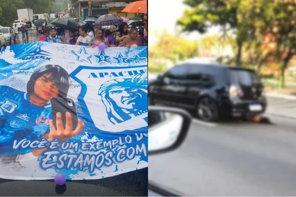 Imagem colorida mostra manifestação em defesa de mulher arrastada pelo ex. Metrópoles