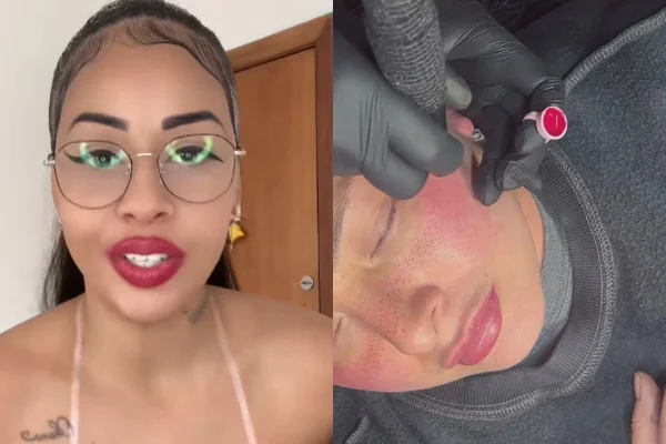 Foto colorida de uma mulher falando e outra fazendo blush - Metrópoles