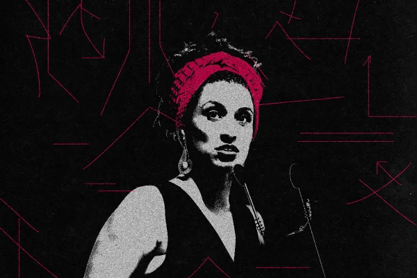 Ilustração de Marielle Franco em preto em branco com um apenas um detalhe vermelho: faixa no cabelo da vereadora